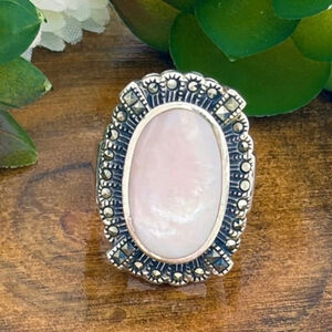 Sterling Silver 925 Vintage Marcasite and Mother of Pearl Ring Size 7 Chunky GUC